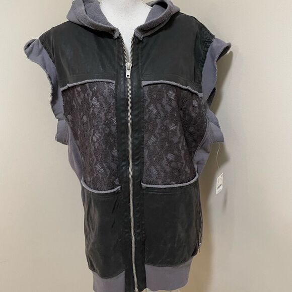 NWT We The Free People Rat Pack Black Vegan Leather Lace Zip Hoodie Vest… - Picture 4 of 13